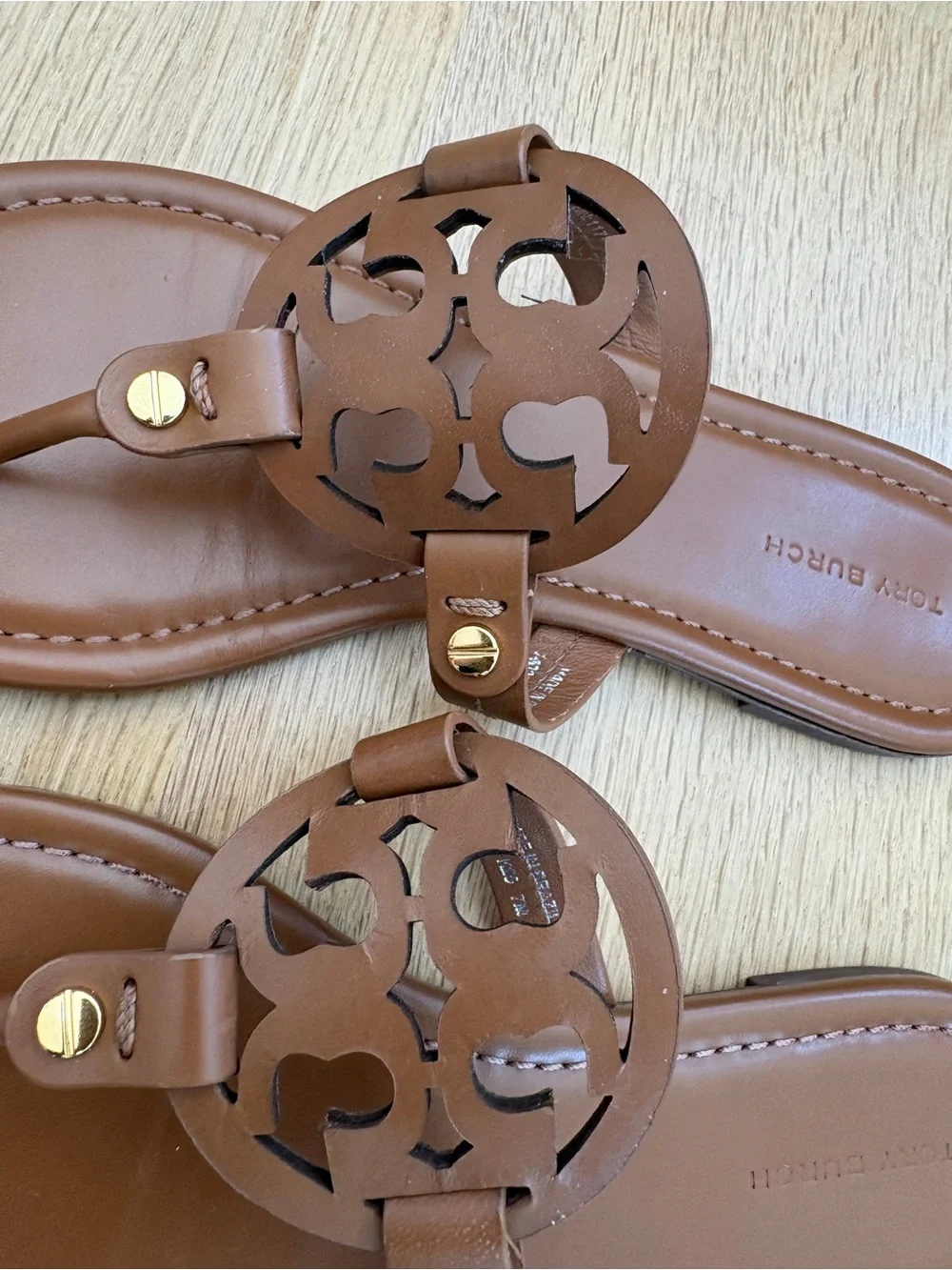 Tory Burch Leather Logo Thong Sandals in Cognac Brown with Gold Accents